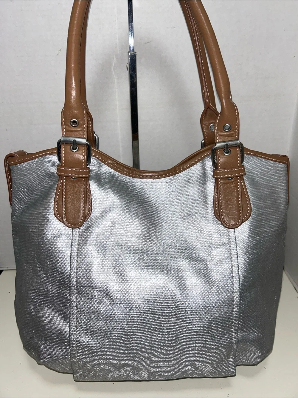 Boden Silver Metallic Coated Corton Tan Leather Tote Shoulder Bag
